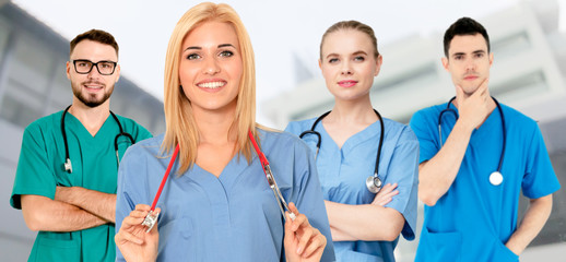 Healthcare people group. Professional doctor working in hospital office or clinic with other doctors, nurse and surgeon. Medical technology research institute and doctor staff service concept.