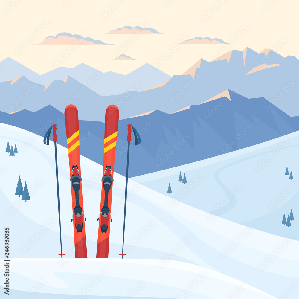 Red ski equipment at the ski resort. Snowy mountains and slopes, winter evening and morning landscape, sunset, sunrise. Vector flat illustration.  - obrazy, fototapety, plakaty 