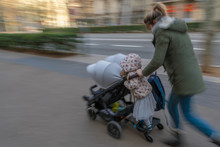 Panning Mom On The Run With A Stroller- Barcelona Spain