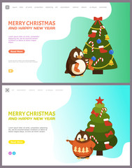 Sticker - Merry Christmas and happy New Year pine fir tree vector. Online web pages with text sample, spruce decorated with baubles and garlands bows and candies