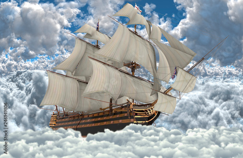 Sailboat flying above the clouds 3d illustration