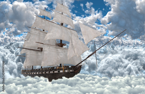 Sailboat flying above the clouds 3d illustration