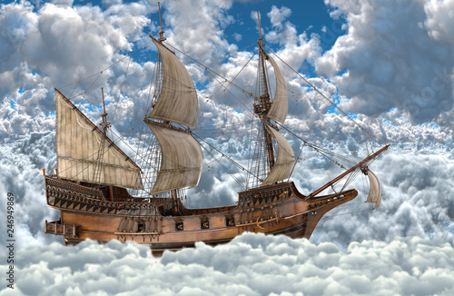 Sailboat flying above the clouds 3d illustration