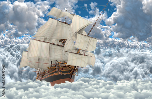 Sailboat flying above the clouds 3d illustration