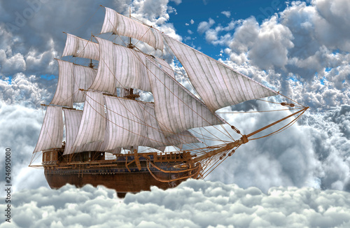 Sailboat flying above the clouds 3d illustration