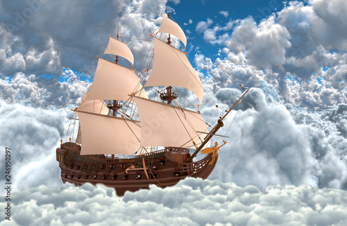 Sailboat flying above the clouds 3d illustration