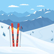 Red ski equipment at the ski resort. Snowy mountains and slopes, winter landscape. Vector flat illustration. 