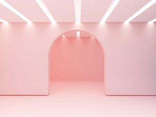 Wall Mural - Arch in a wall and iluminated ceiling  of slats.  Empty room to show  a product. 3d Scene with geometrical forms. Minimalistic empty showcase, shop display, pastel colors. 