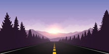 roadtrip adventure staight road and forest landscape at sunrise vector illustration EPS10