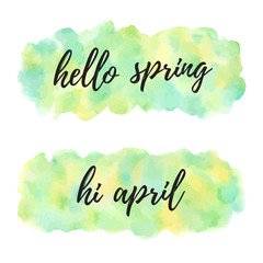 Wall Mural - Hello april spring vector watercolor illustrations. Banner, uneven rectangle shapes. Typographic composition. Painted nature, Easter, eco background. Watercolour green, yellow texture with stains. 