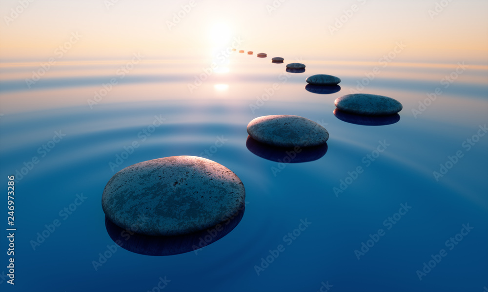 Steine im See bei Sonnenuntergang - obrazy, fototapety, plakaty 