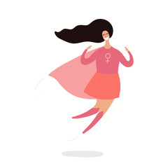 Hand drawn vector illustration of a happy woman superhero flying. Isolated objects on white background. Flat style design. Concept, element for feminism, womens day card, poster, banner.