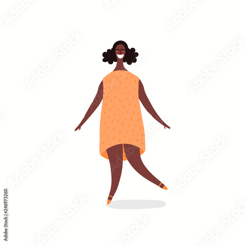 Hand drawn vector illustration of a happy black woman dancing. Isolated objec...
