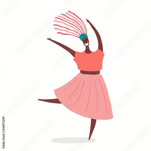 Hand drawn vector illustration of a happy black woman dancing. Isolated objec...