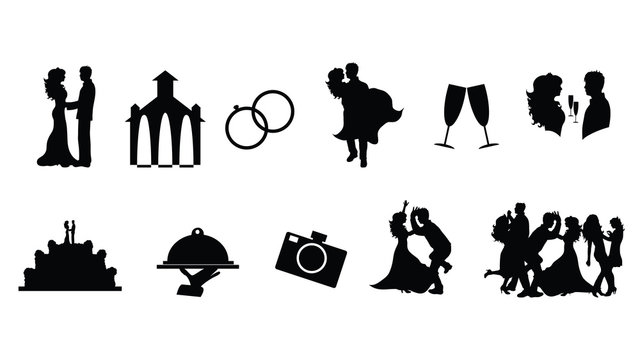 Illustration of wedding icon. Vector silhouette on white background. Set of symbols of marriage.