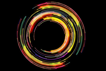 Wall Mural - Colorful led lights long exposure rotation photo. Abstract neon circle lines with empty copy space inside isolated on black background.