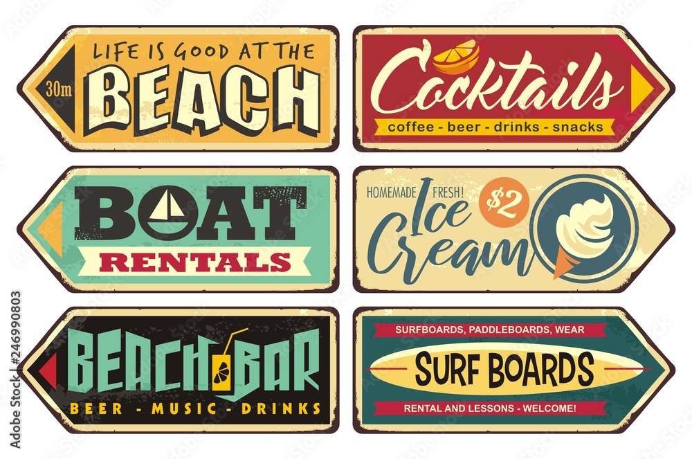 Summer signs collection. Beach, cocktails, ice cream, boat rentals, beach bar, surf boards. Seasonal posters and sign boards collection. Retro vector ads. Vintage illustrations. - obrazy, fototapety, plakaty 