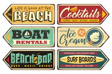 Summer Signs Collection. Beach, Cocktails, Ice Cream, Boat Rentals, Beach Bar, Surf Boards. Seasonal Posters And Sign Boards Collection. Retro Vector Ads. Vintage Illustrations.