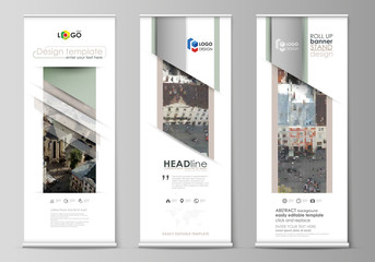 set of roll up banner stands, flat design templates, abstract geometric style, vertical vector flyer