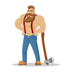 Wall Mural - Lumberjack brutal bearded man in red checkered shirt with axe in hands. Woodcutter. Wanderlust, hiking and travel concept. Worker lumber with wood, character cartoon woodcutter on the white background