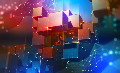 Aufkleber - Blockchain Technology. Blocks of information in a decentralized cyberspace. Global flows of information. Digital data protection. 3d illustration of cubes with a polygonal mesh.