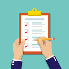 Aufkleber - Businessman hands holding clipboard checklist with pencil in a flat design