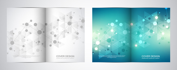Wall Mural - Bi fold brochure template with science and technology background. Geometric texture with molecular structures and chemical engineering.