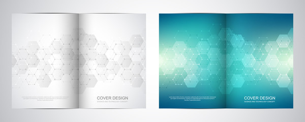 Wall Mural - Bi fold brochure template with hexagons pattern. Geometric abstract background of molecular structures and chemical compounds.