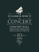 Vector Poster For Concert Or Festival Of Classical Music In Vintage Style With Grand Piano On The Black Background