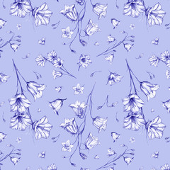 hand drawn floral seamless pattern background with randomly located blue graphic bluebell flowers on