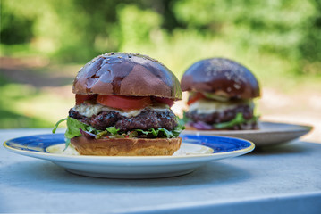 Close up of two hamburgers on the plates. Blured garden in the background. Summer grilling with friends.