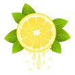 Realistic lemon slice with leaves and drops of juice. Juicy fruit. Fresh citrus design on white vector illustration