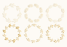 Gold Floral Round Frames. Glitter Wreath Design. Vector. Isolated.