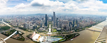 July 2017 – Guangzhou, China – Panoramic view of Guangzhou central business district and of the Pearl River from the 488m observation deck of the Canton Tower, the second highest tower of China