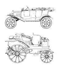 Hand Drawing Set Of Old Vintage Cars. Sketch Collection.