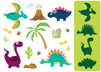 Wall Mural - Find the correct shadow. Adorable dinosaurs isolated on white background