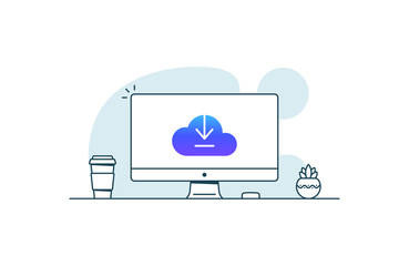 Wall Mural - cloud upload icon on computer screen. vector illustration in line art style