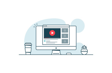Wall Mural - video service concept. computer with open browser and video player. vector illustration in line art 