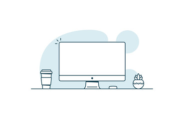 Wall Mural - personal computer with blank screen. workspace with computer, coffee cup and plant. vector illustrat