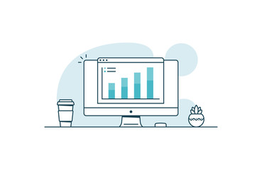 Wall Mural - web analytics. computer with open browser and graph. vector illustration in line art style