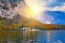 Beautiful Scenic Sunset Over Austrian Alps Lake. Old Vintage Castle In Alps In Hallstatt Mountain Village At The Lake. Location: Resort Village Hallstatt, Salzkammergut, Austria, Alps