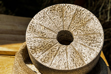 Gray Stone Round Wooden Old Groove Lines Traditional Way Of Grinding Seed Grains Making Porridge Flour