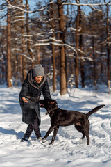 Wall Mural - A happy woman with a dog (black Labrador) having fun outside in the forest on a sunny frosty winer day.