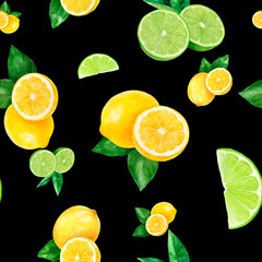 Wall Mural - Watercolor hand drawn lemon, lime fruit seamless pattern.