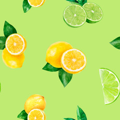 Wall Mural - Watercolor hand drawn lemon, lime fruit seamless pattern.