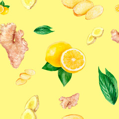 Watercolor hand drawn lemon, ginger seamless pattern.