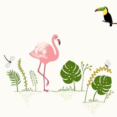 Decorative pattern with flamingo, toucan and tropical leaves