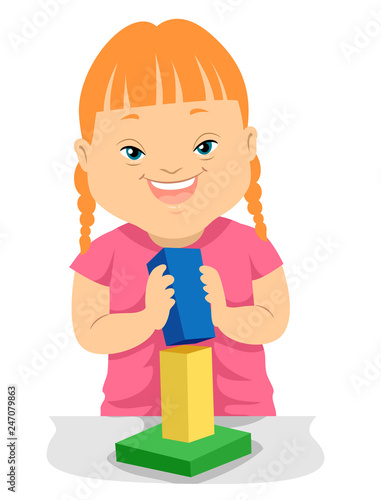 Kid Girl Down Syndrome Building Block Illustration