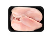 Container with raw chicken breasts on white background, top view. Fresh meat