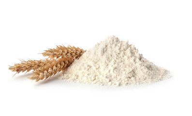 Wall Mural - Fresh flour and ears of wheat isolated on white